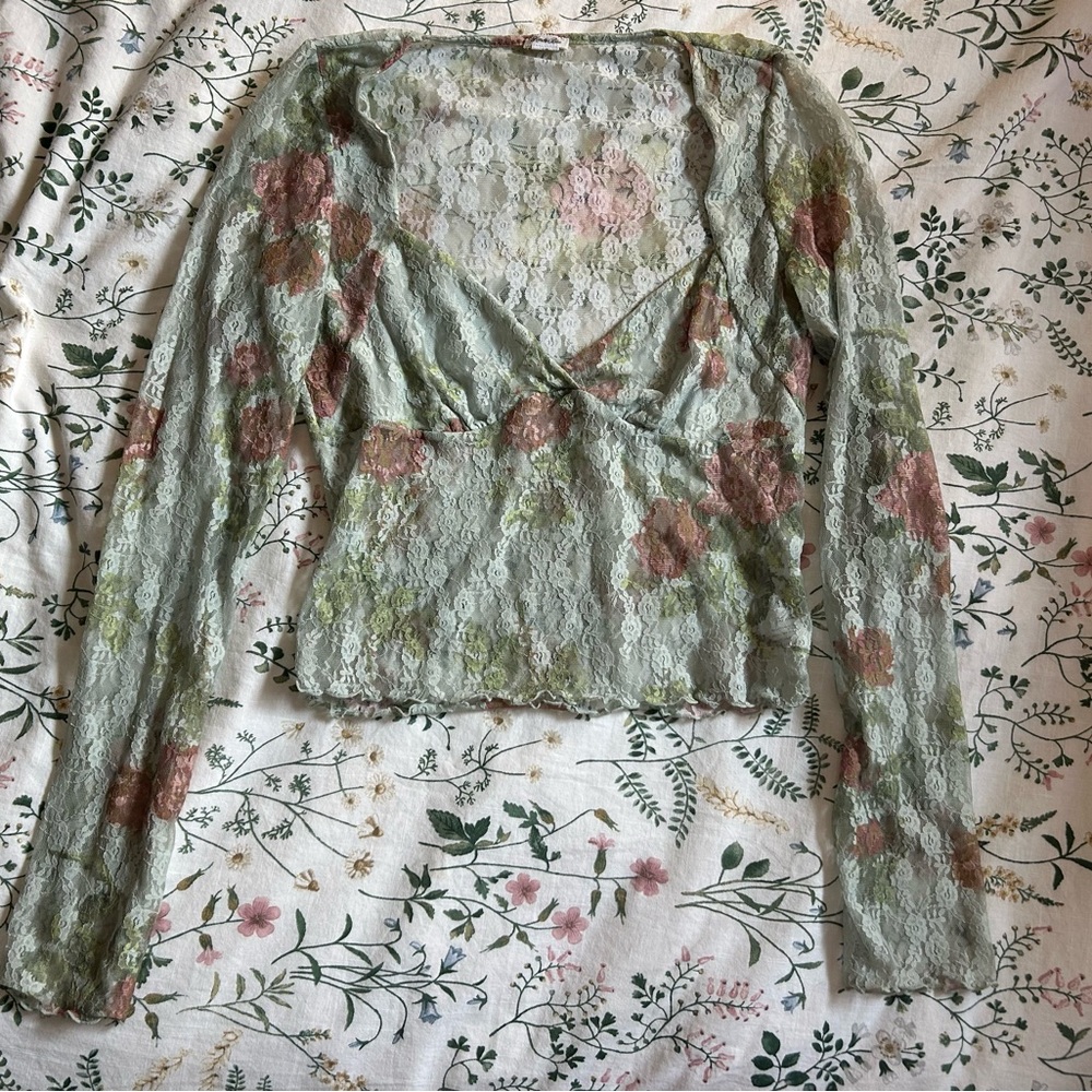 Kimchi Blue Floral Lace Blouse - Green and Pink